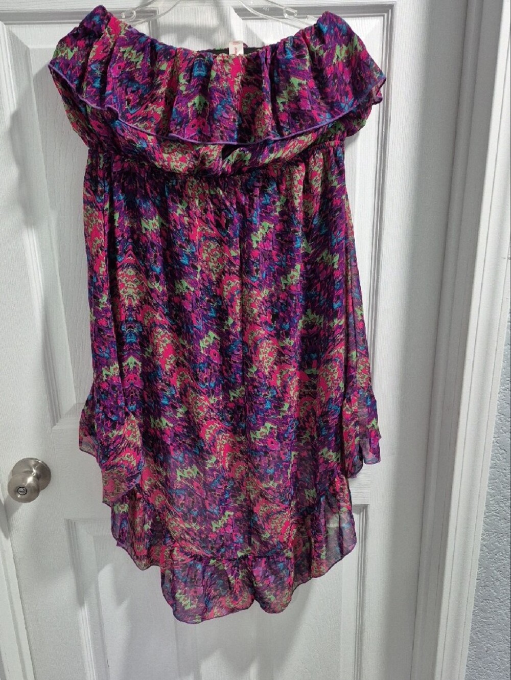 Wanderlust Multicolor Ruffle Off-Shoulder Dress in Purple, Pink, Blue, Green - Picture 2 of 3